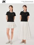 ikyou Durable Cotton Blend Slim Fit Short Sleeve Crewneck Women Black Basic Crop Tops