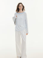 ikyou Cooling Lyocell Loose Embroidered Women Blue Striped Long Sleeve T-Shirts