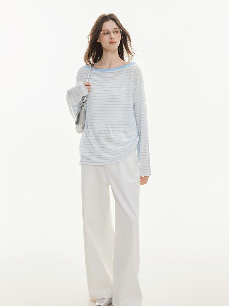 ikyou Cooling Lyocell Loose Embroidered Women Blue Striped Long Sleeve T-Shirts