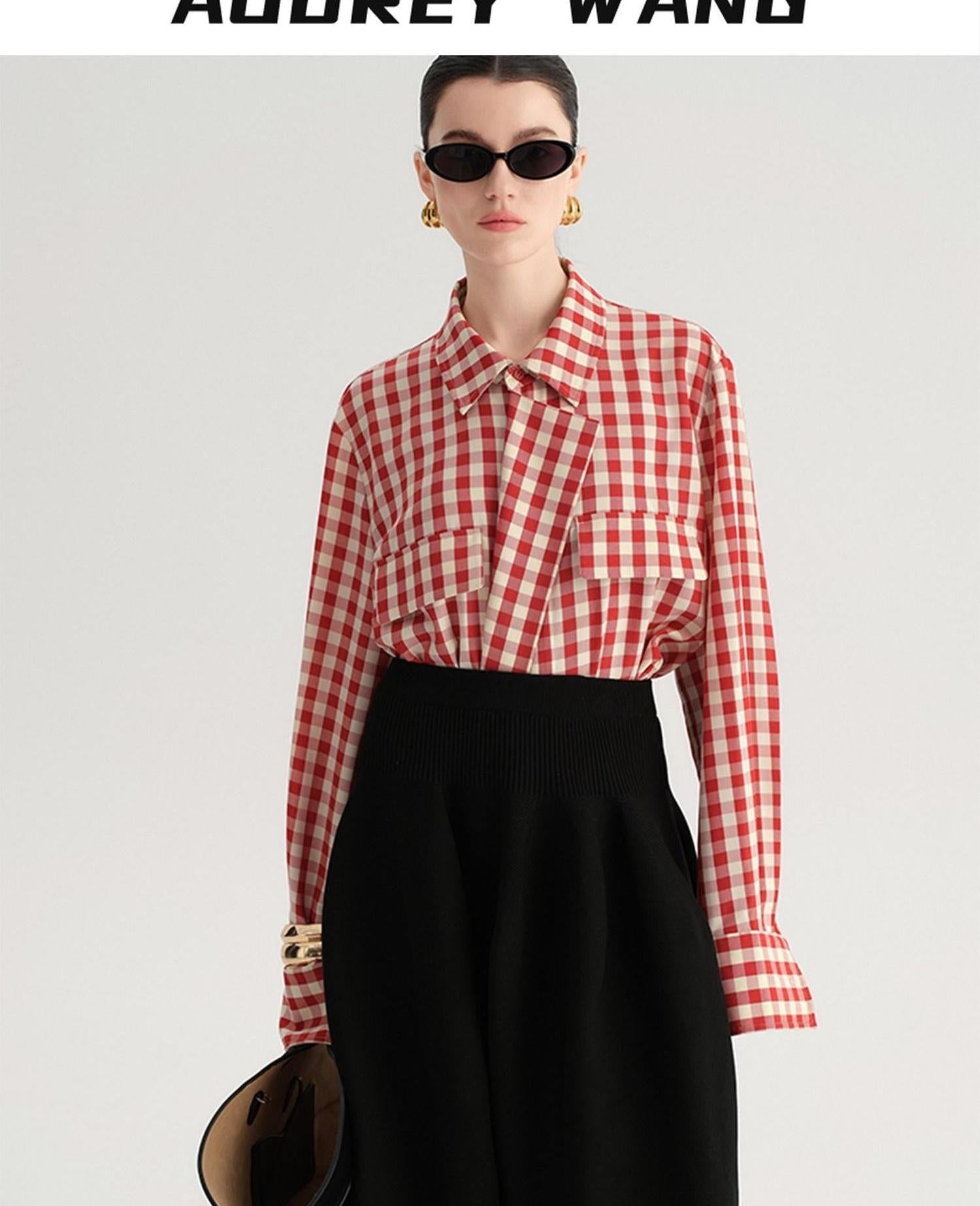 audreyyang Vintage Plaid Loose Fit Long Sleeve Collared Open Front Polyester Women Shirts