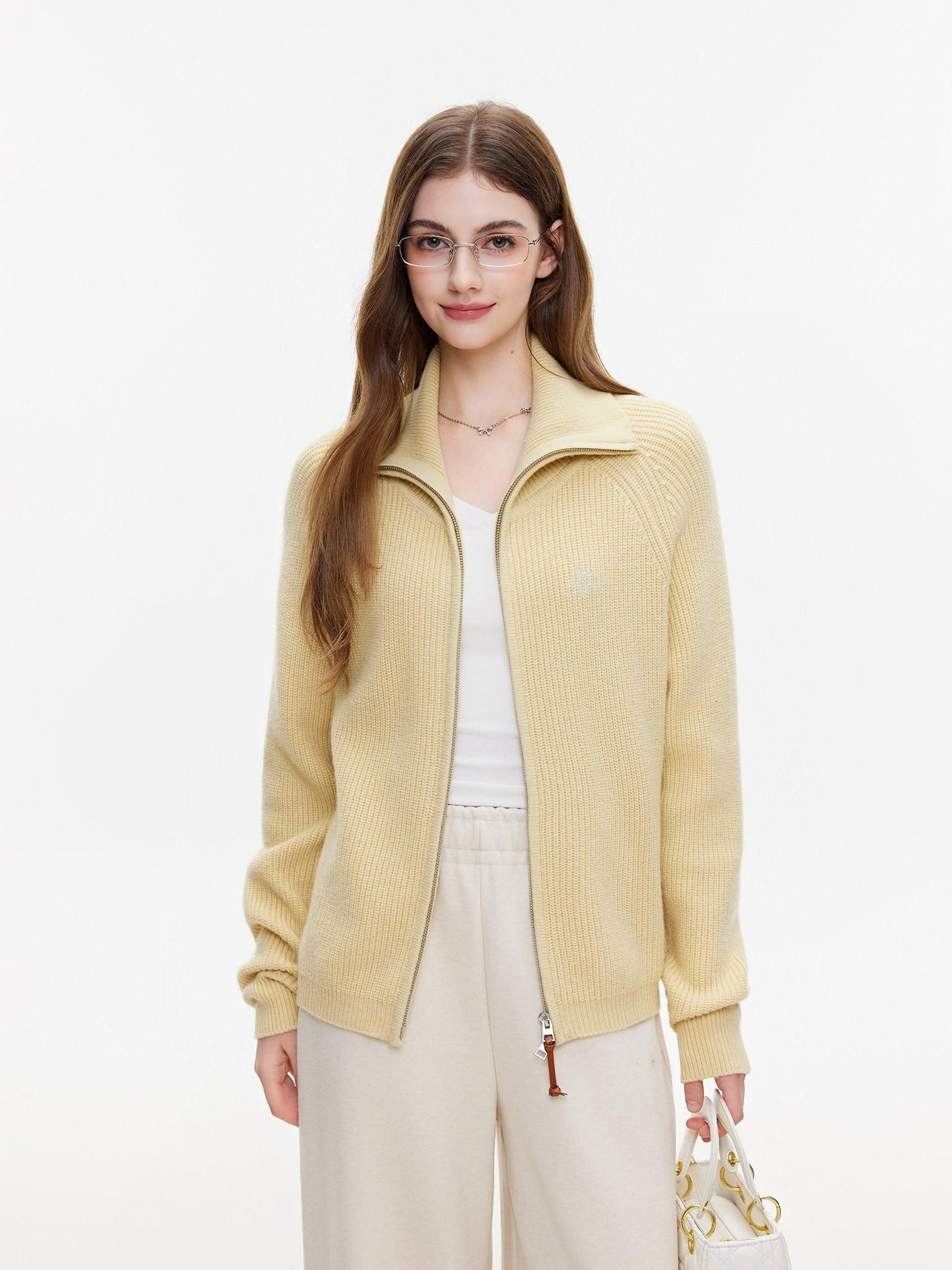 ikyou Warm Zipper Stand Collar Loose Knit Commuter Yellow Wool Blend Cardigans