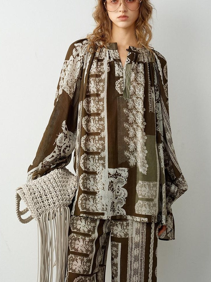audreyyang Sustainable Viscose Ramie Printed Loose V-neck Long Sleeve Women Blouses