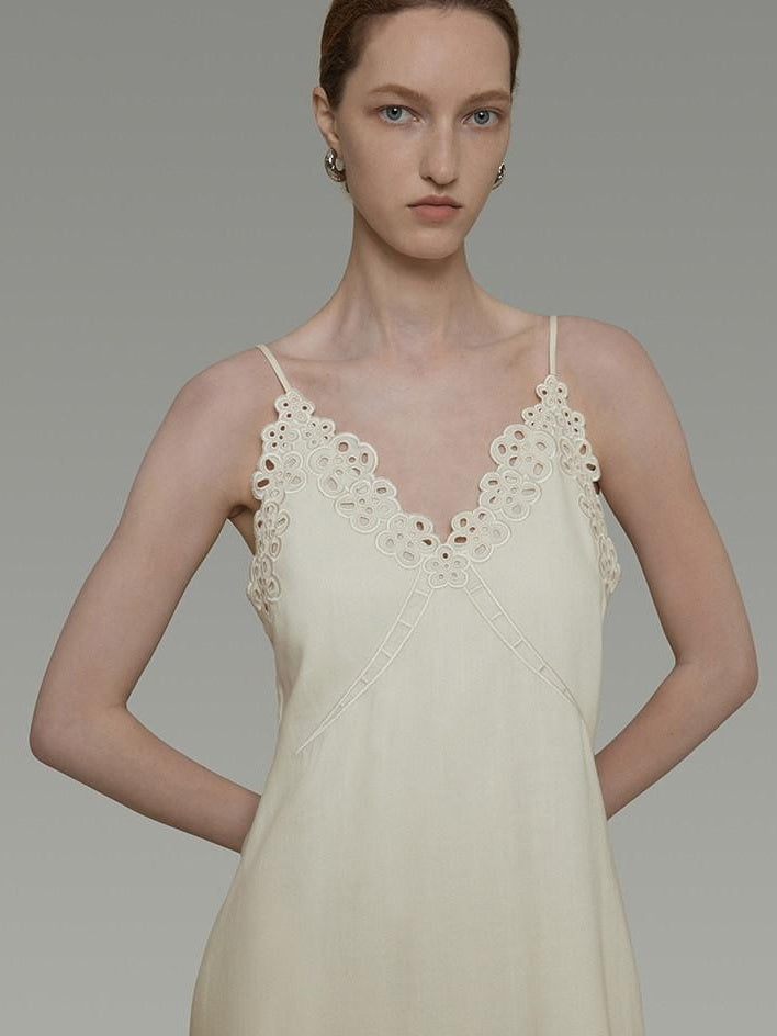 unspoken Embroidered Tencel A Line Cami V-neck Natural Waist Office White Maxi Dresses