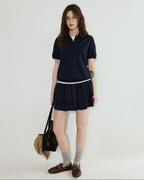 fano Navy Polo Short Sleeve Two Piece Pullover Mini Skirt For Women Top & Skirt Sets