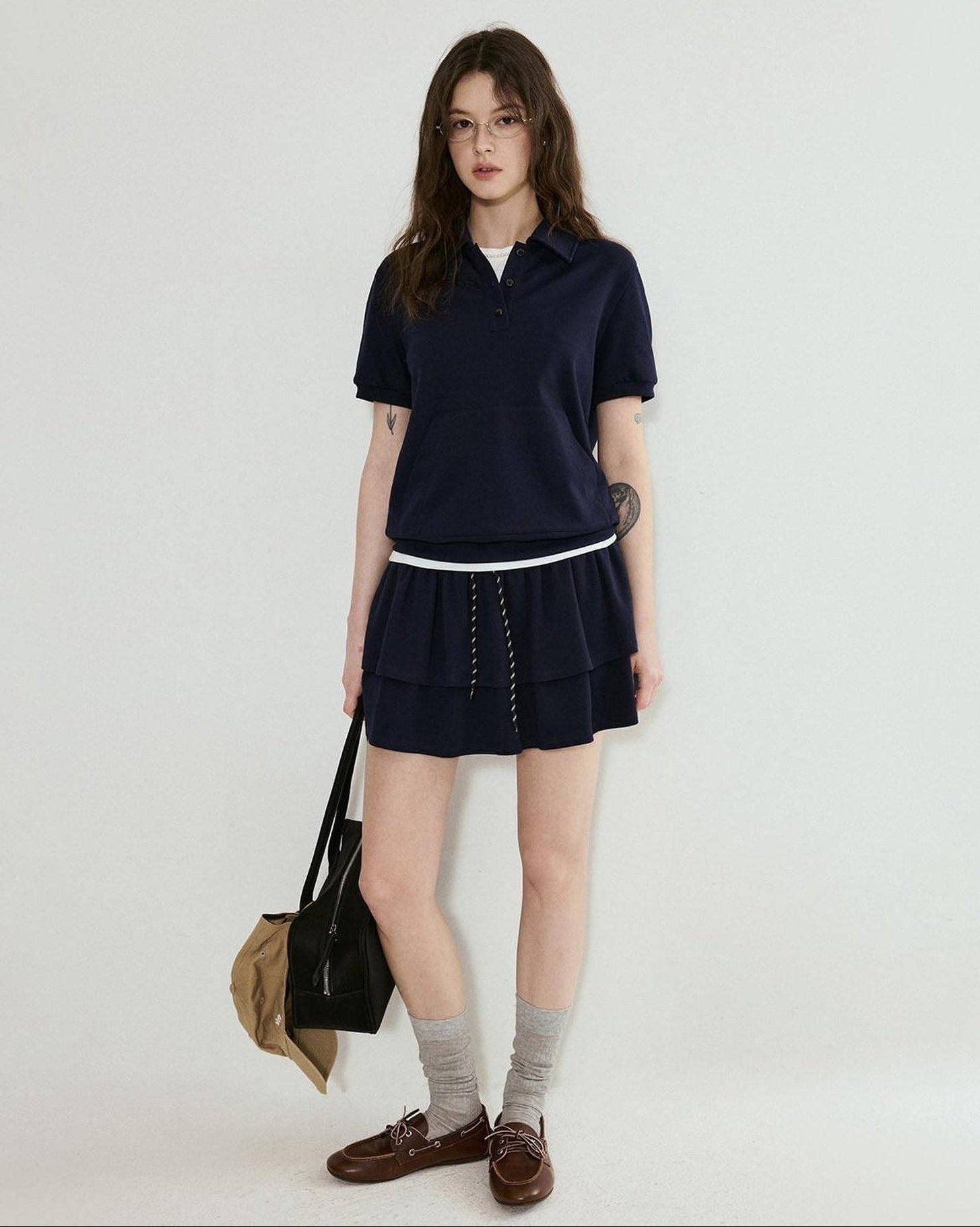fano Navy Polo Short Sleeve Two Piece Pullover Mini Skirt For Women Top & Skirt Sets