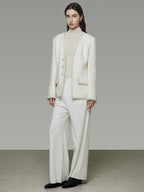 unspoken Soft Ivory Wool Blend Tailored Slim V-neck Long Sleeve Commuter Cardigans