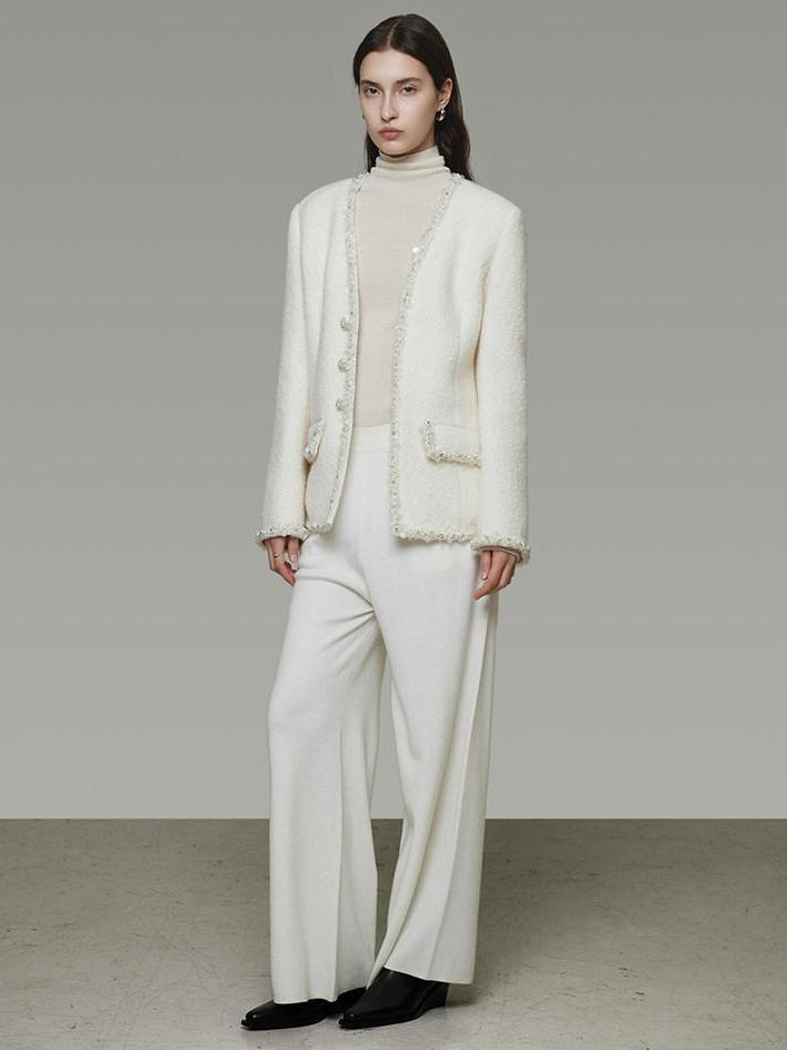 unspoken Soft Ivory Wool Blend Tailored Slim V-neck Long Sleeve Commuter Cardigans