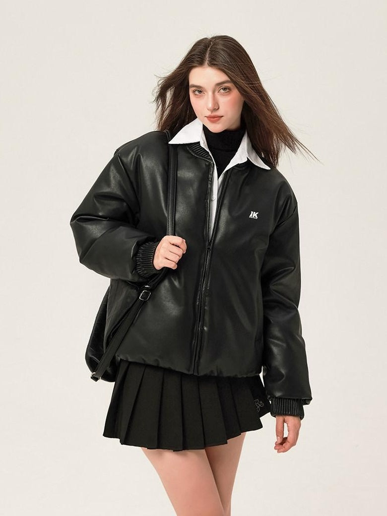 ikyou Thick Pu Minimal Commuter Straight Fit Stand Collar Black Leather Jackets