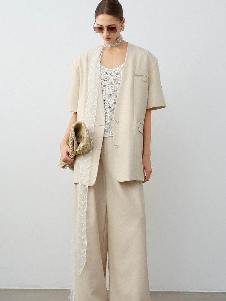 audreyyang Pure Linen Commuter Loose Fit Short Sleeve V-neck Women White Blazers