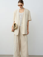 audreyyang Pure Linen Commuter Loose Fit Short Sleeve V-neck Women White Blazers