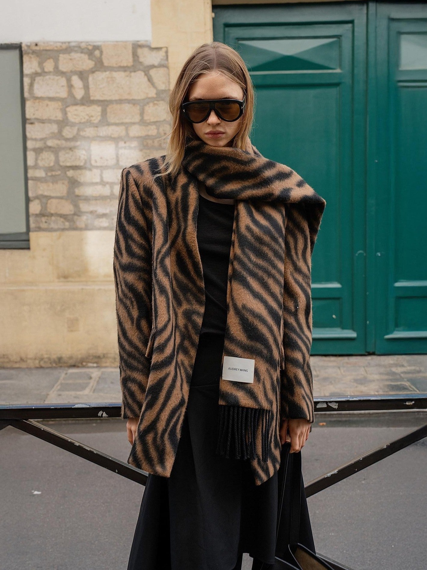 audreyyang Wool Blend Fringe Relaxed Double Breasted Women Zebra Print Blazers