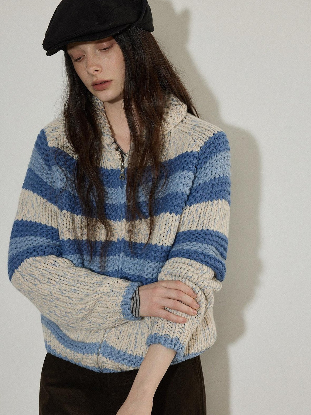 Lofi choose Acrylic Wool Blend Colorblock Striped Lapel Loose Fit Women Zip Front Cardigans