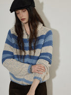 Lofi choose Acrylic Wool Blend Colorblock Striped Lapel Loose Fit Women Zip Front Cardigans