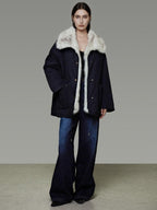 unspoken Fur Lined Thick Minimal Commuter Loose 3D Tailored Cotton Navy Puffer Jackets