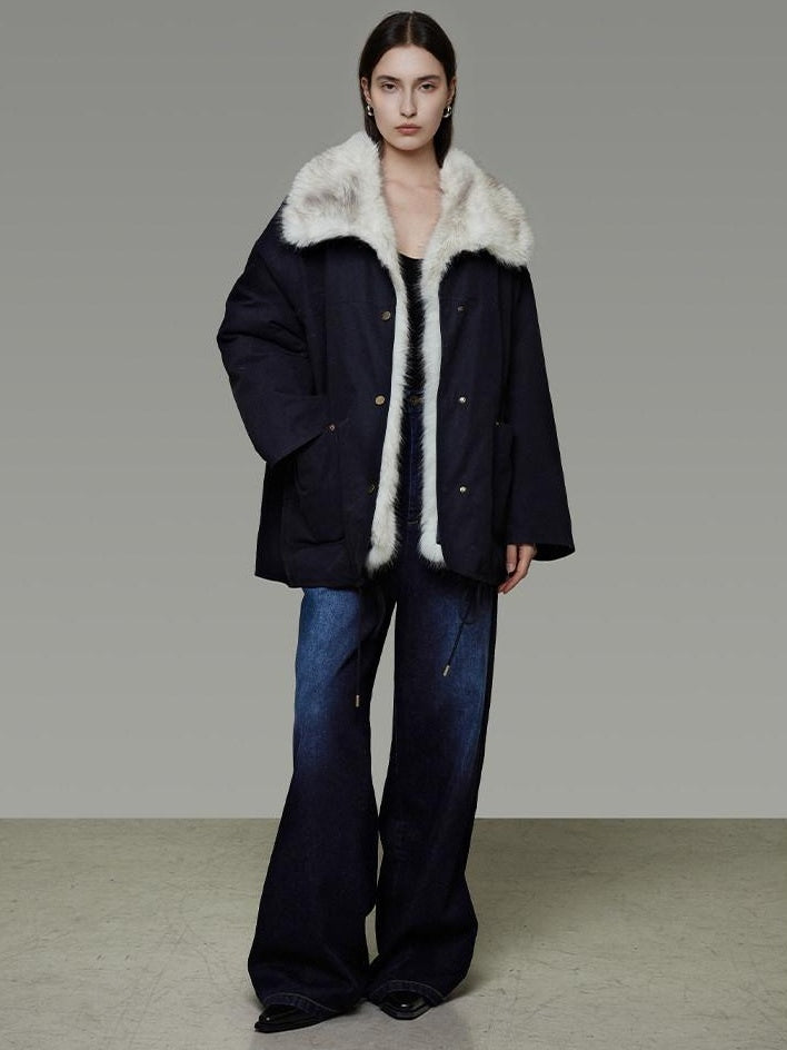 unspoken Fur Lined Thick Minimal Commuter Loose 3D Tailored Cotton Navy Puffer Jackets
