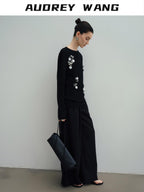 audreyyang Slim Minimal Office Crew Neck Long Sleeve Acetate Blend Black Cropped Jackets