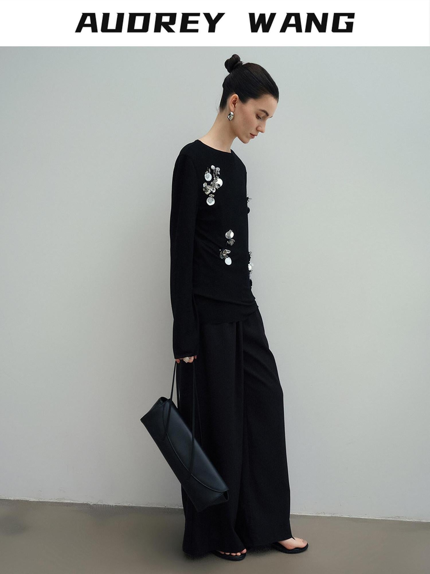 audreyyang Slim Minimal Office Crew Neck Long Sleeve Acetate Blend Black Cropped Jackets