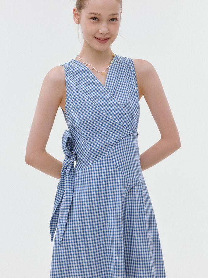 fano Pure Cotton Sleeveless V-neck A Line Office Casual Women Blue Midi Dresses