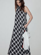 fano Plaid Sleeveless A Line Natural Waist Korean Office Casual Maxi Dresses