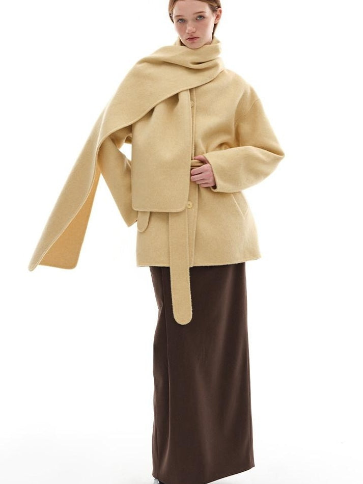 someone sometimes Minimalist Belted Roundneck Single Breasted 50 Percent Wool Yellow Wool Coats