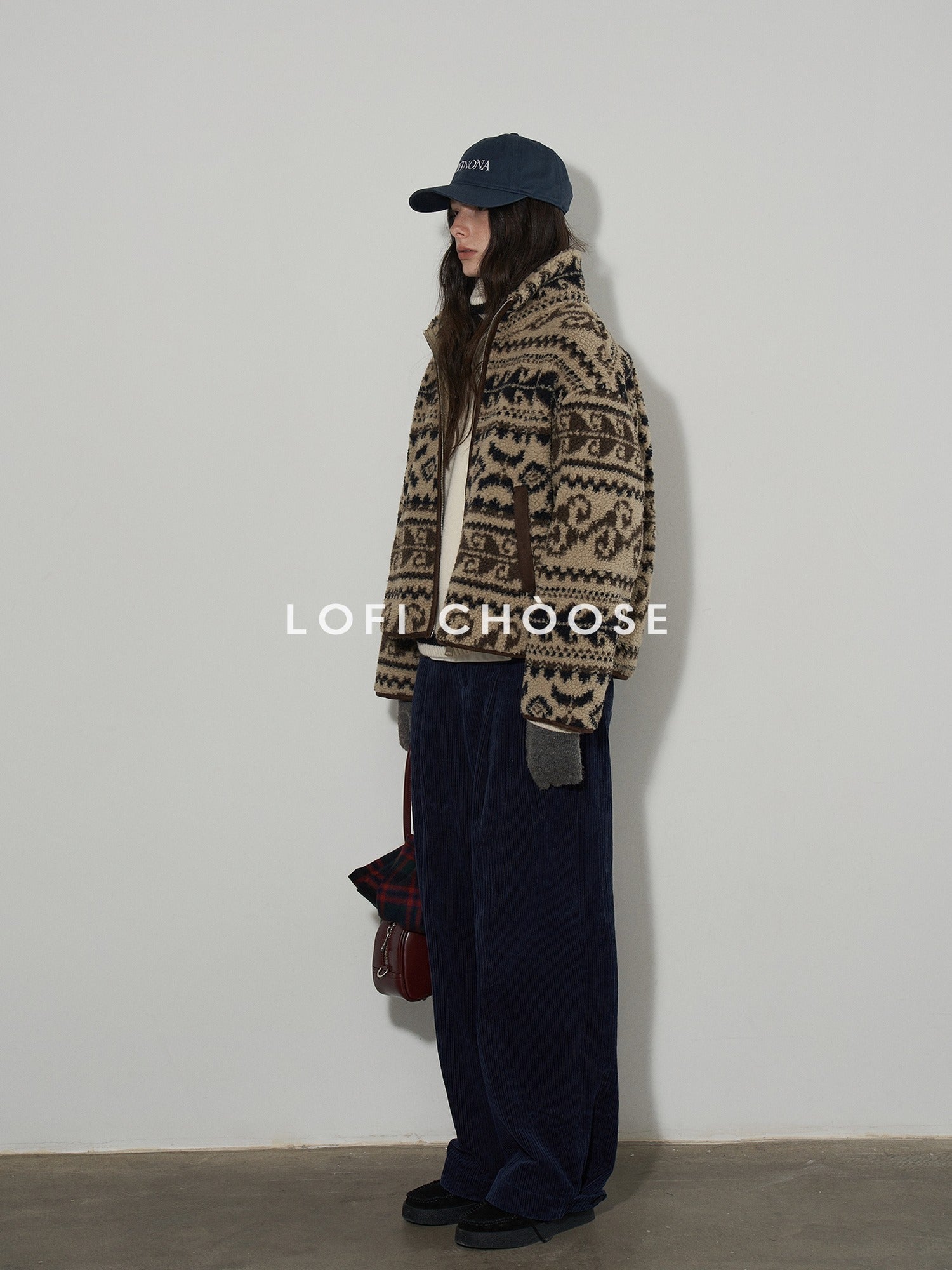 Lofi choose Cozy Thick Vintage Oversized Stand Collar Zip Floral Knitwear Ladies Cardigans