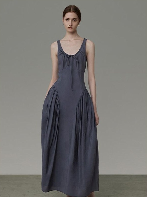 unspoken Pleated High Waist Minimal H Silhouette U Neck Sleeveless Office Maxi Dresses