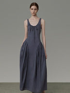 unspoken Pleated High Waist Minimal H Silhouette U Neck Sleeveless Office Maxi Dresses