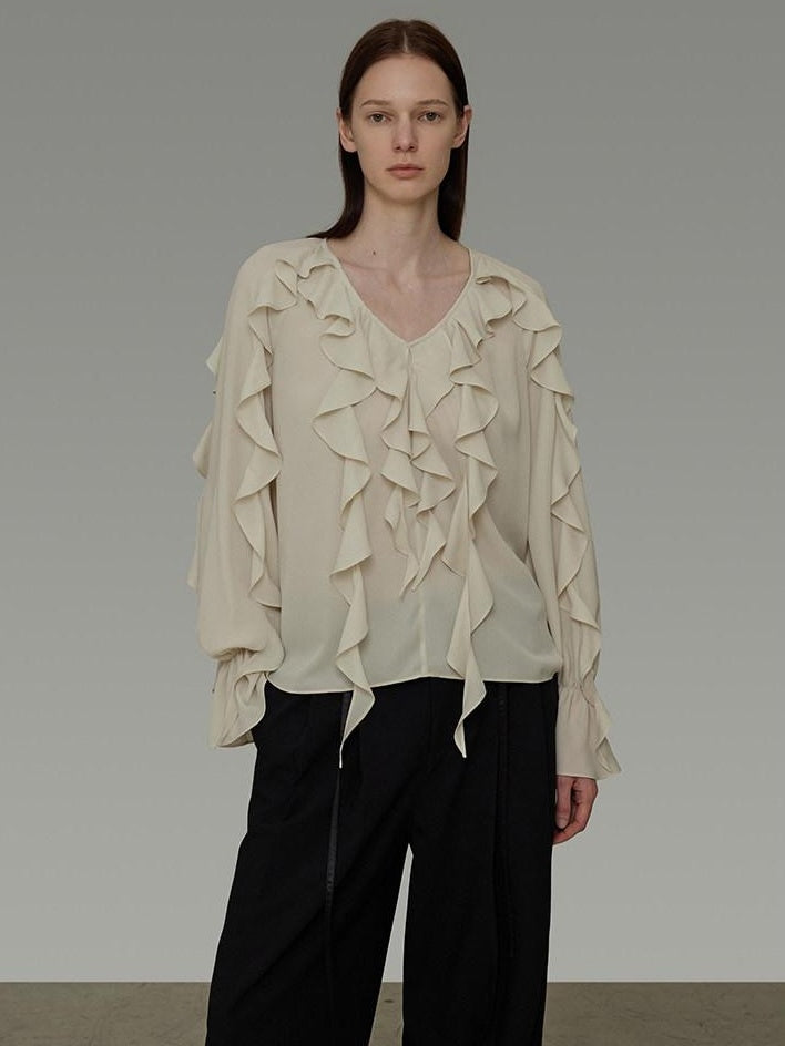 unspoken Breathable Soft Minimalist Commuter Loose Bell Sleeve V-neck Office Blouses