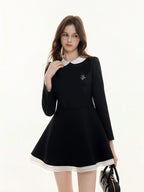 ikyou Elegant Mesh Princess High Waist Doll Collar A Line Black Midi Dresses
