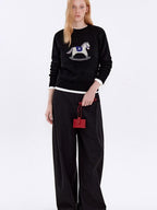 fano Cozy Acrylic Wool Blend Loose Pullover Crewneck Cute Animal Black Sweaters