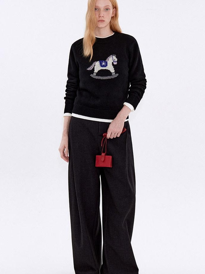 fano Cozy Acrylic Wool Blend Loose Pullover Crewneck Cute Animal Black Sweaters