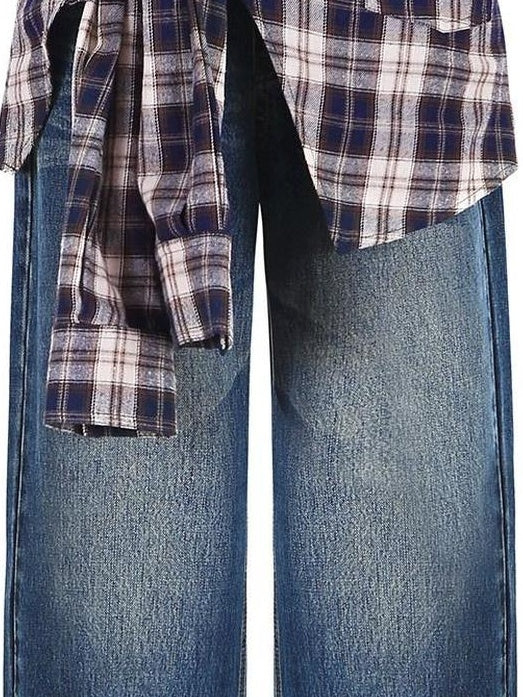 fano Breathable Cotton Wide Natural Waist Plaid Womens Straight Leg Jeans