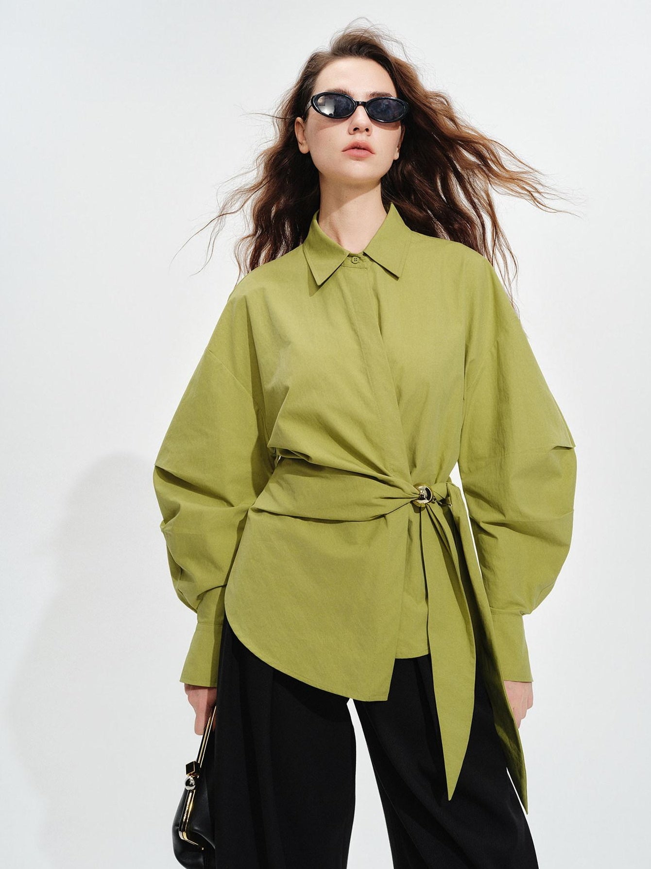 audreyyang Shape Retaining Casual Relaxed Tie Drop Shoulder Women Cotton Blend Shirts
