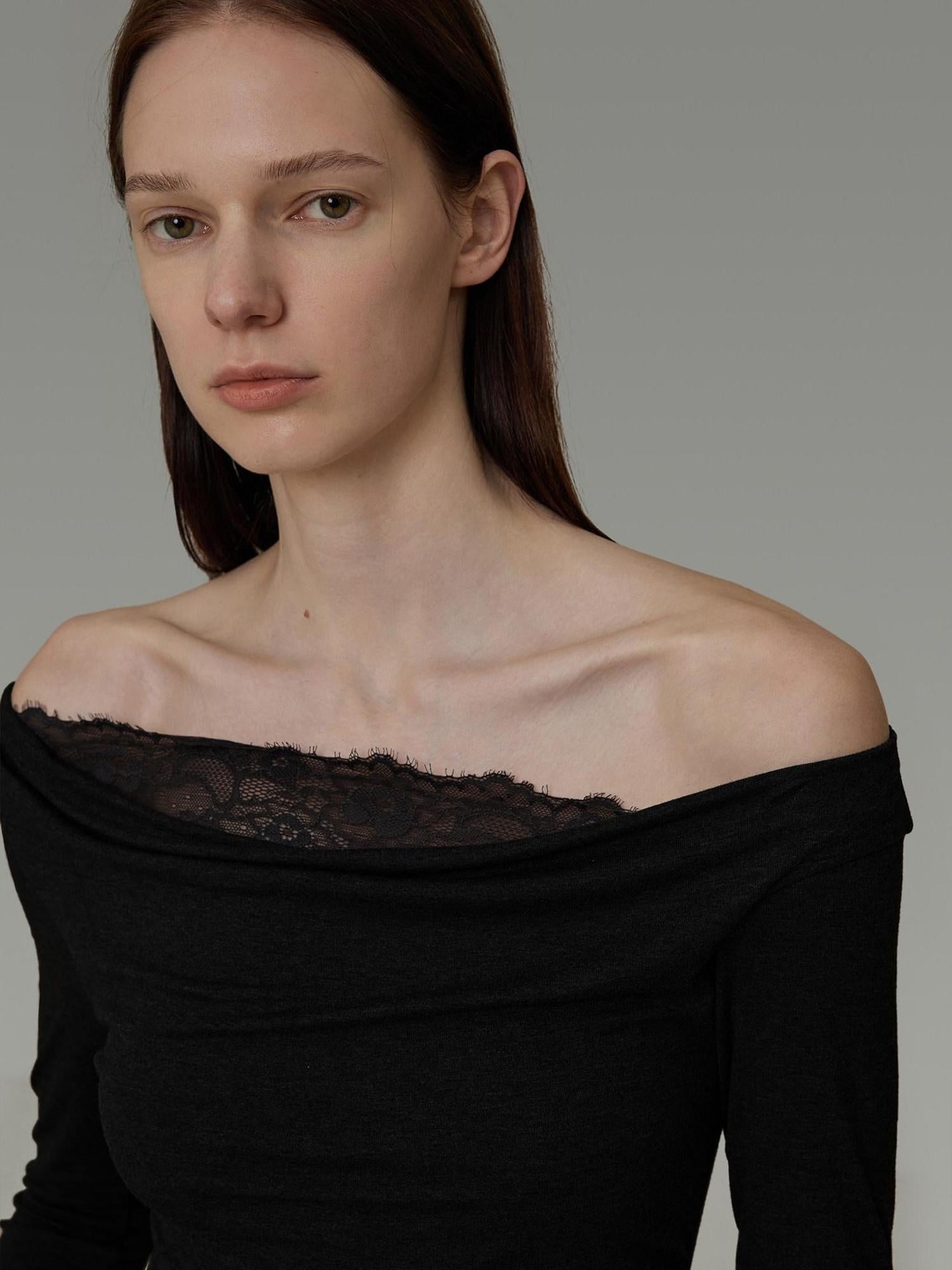 unspoken Lace Patchwork Off Shoulder Slim Fit Casual Knit Long Sleeve Black Blouses