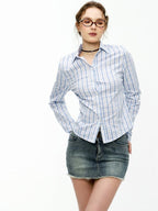 ikyou Shape Retention Slim Fit Pleated Embroidered Plaid Collared Long Sleeve Shirts