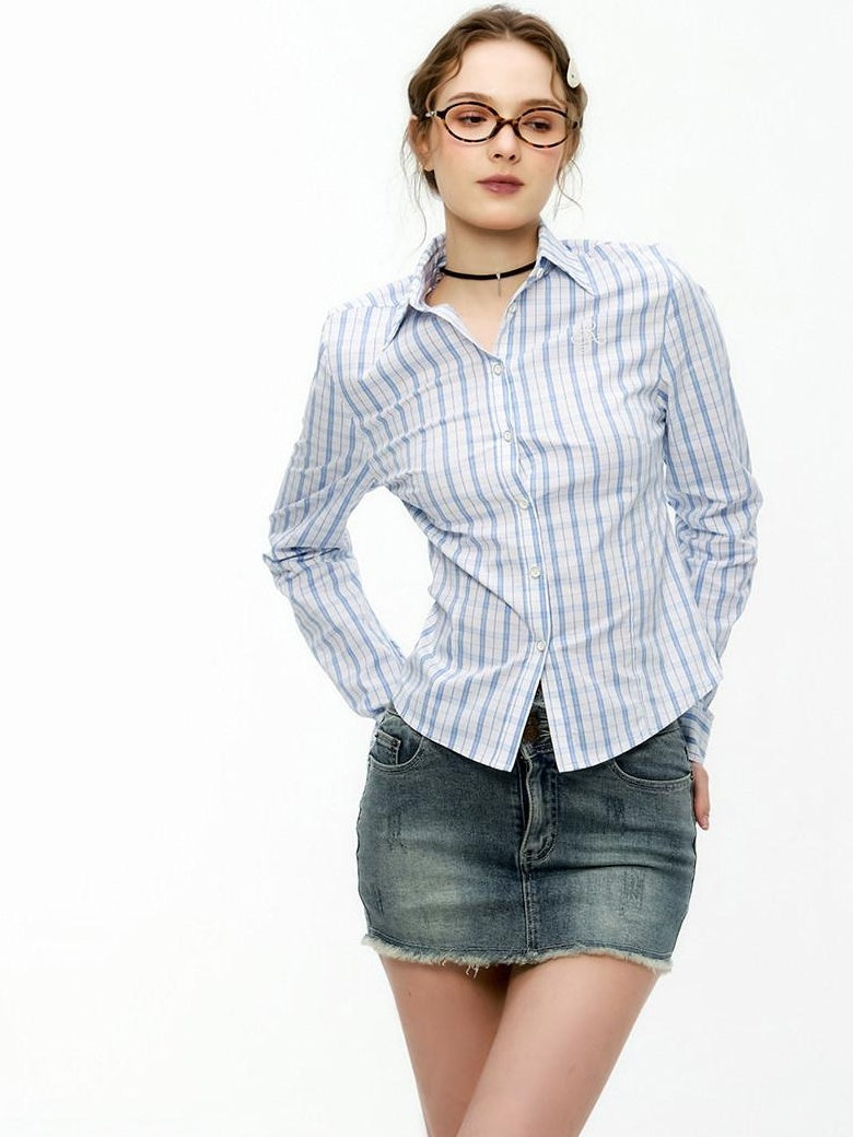 ikyou Shape Retention Slim Fit Pleated Embroidered Plaid Collared Long Sleeve Shirts