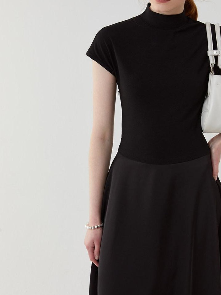 fano High Waist Minimalist Office A Line Short Sleeve Mock Neck Black Midi Dresses