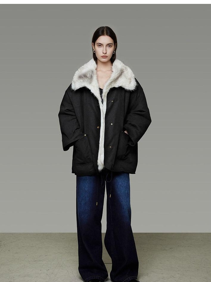 unspoken Fur Lined Thick Minimal Commuter Loose 3D Tailored Cotton Navy Puffer Jackets