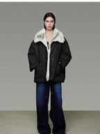 unspoken Fur Lined Thick Minimal Commuter Loose 3D Tailored Cotton Navy Puffer Jackets