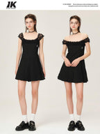 ikyou Waist Defining Lace Minimalist Off Shoulder A Line Black Midi Dresses