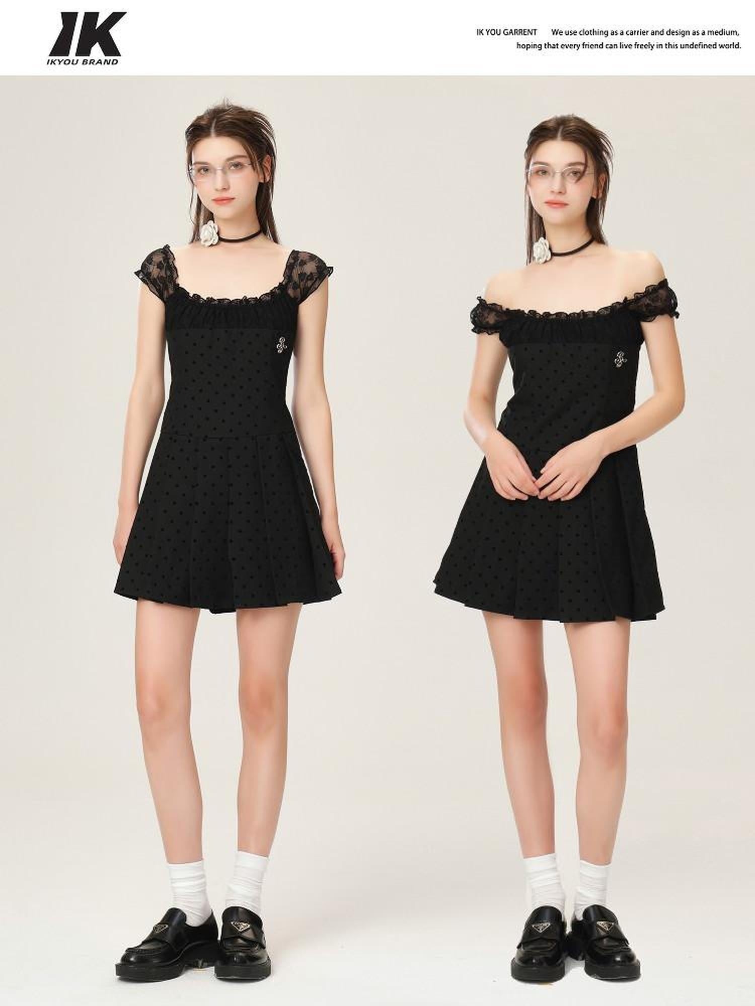 ikyou Waist Defining Lace Minimalist Off Shoulder A Line Black Midi Dresses