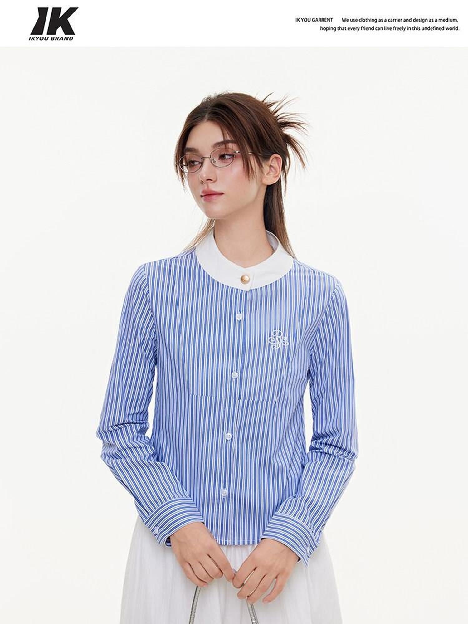 ikyou Breathable Cottonblend Slim Fit Embroidered Stripe Round Neck Women Tops Blouses