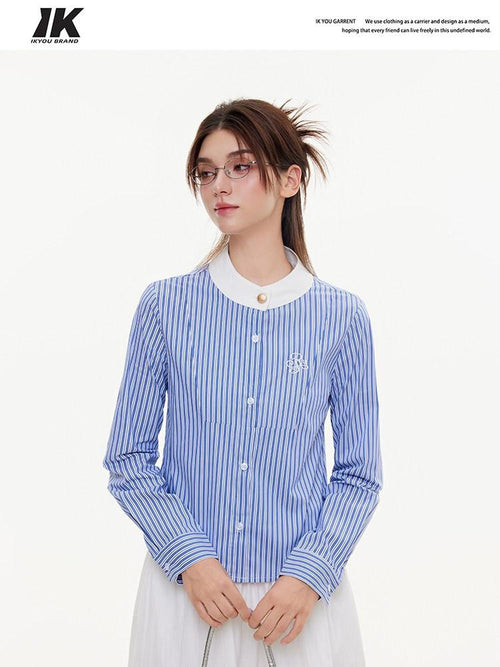 ikyou Breathable Cottonblend Slim Fit Embroidered Stripe Round Neck Women Tops Blouses