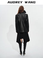 audreyyang Elegant Asymmetric Irregular Hem Mid Waist Front Zipper Black Midi Skirts