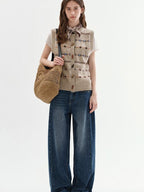 fano Breathable Knitted Wool Blend Geo Round Neck Button Loose Fit Commuter Vests