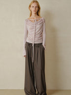 someonesometimes Lyocell Blend Slim Ruched Bell Sleeve Mauve Drape Neck Long Sleeve T-Shirts