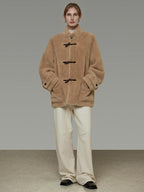 unspoken Warm Fur Lined Oversized Stand Collar Khaki Women Short Coat