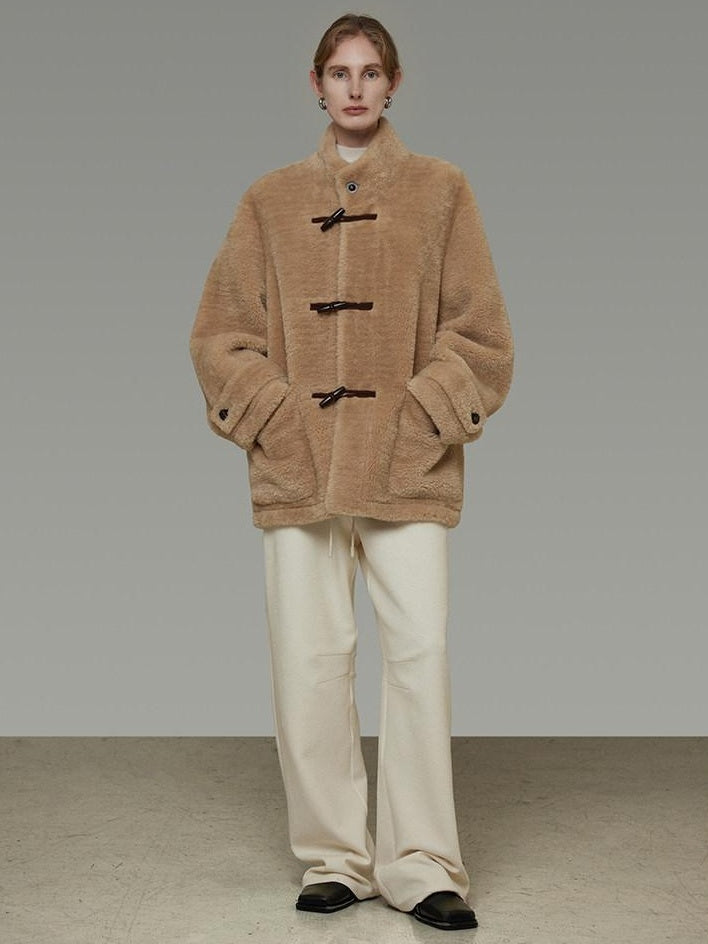 unspoken Warm Fur Lined Oversized Stand Collar Khaki Women Short Coat