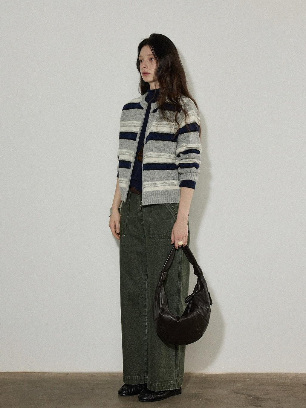 Lofi choose Soft Wool Blend Commuter Loose Fit Colorblock Zip Knit For Women Cardigans