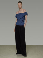 unspoken Wrinkle Resistant Minimalist Slim Asymmetrical Boat Neck Women Blue Blouses